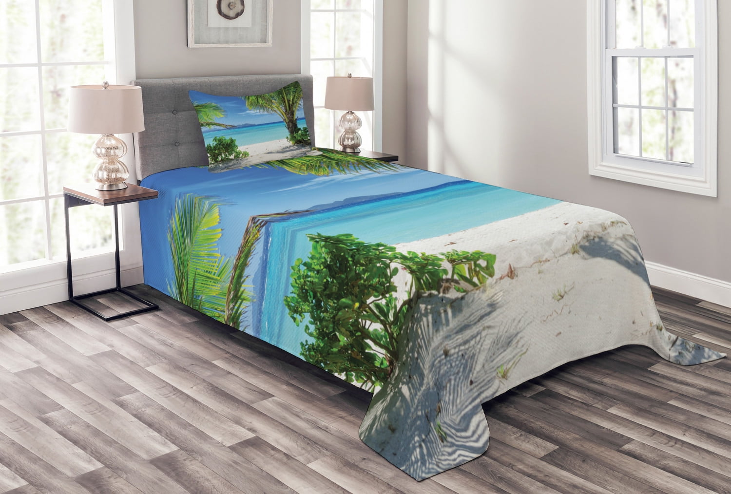 Twin White Quilted Beach Scene Bedspread Set