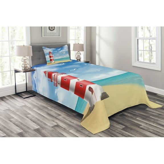 Ambesonne Beach Quilted Bedspread Set 2 Pcs, Lighthouse Seagulls Ocean, Twin Size, Vermilion Blue