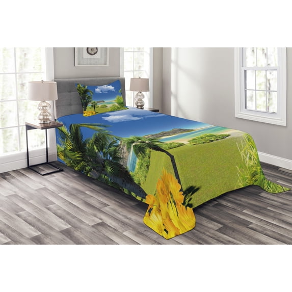 Ambesonne Beach Quilted Bedspread Set 2 Pcs, Paradise Palms Island, Twin Size, Multicolor
