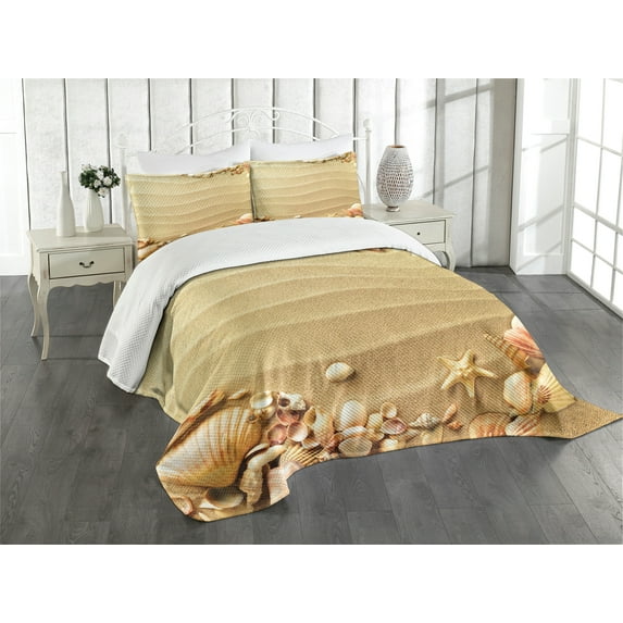 Ambesonne Beach Quilted Bedspread Set 2 Pcs, Sand with Sea Shells, Twin Size, Sand Brown Coral