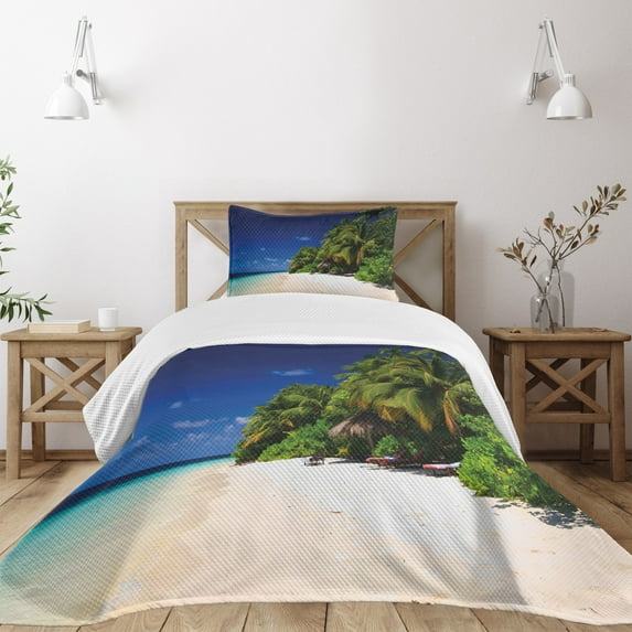 Ambesonne Beach Quilted Bedspread Set 2 Pcs, Sandy Coastline Surreal, Twin Size, Lime Green Blue Cream