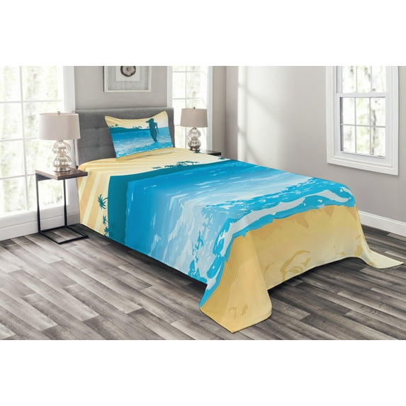 Ambesonne Beach Quilted Bedspread Set 2 Pcs, Sea Shore Ocean Summer, Twin Size, Slate Blue Sky Blue