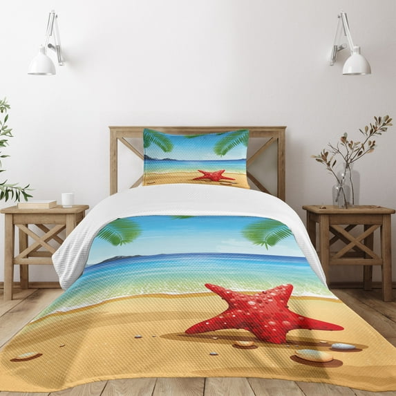 Ambesonne Beach Quilted Bedspread Set 2 Pcs, Starfish Ornate Design, Twin Size, Multicolor