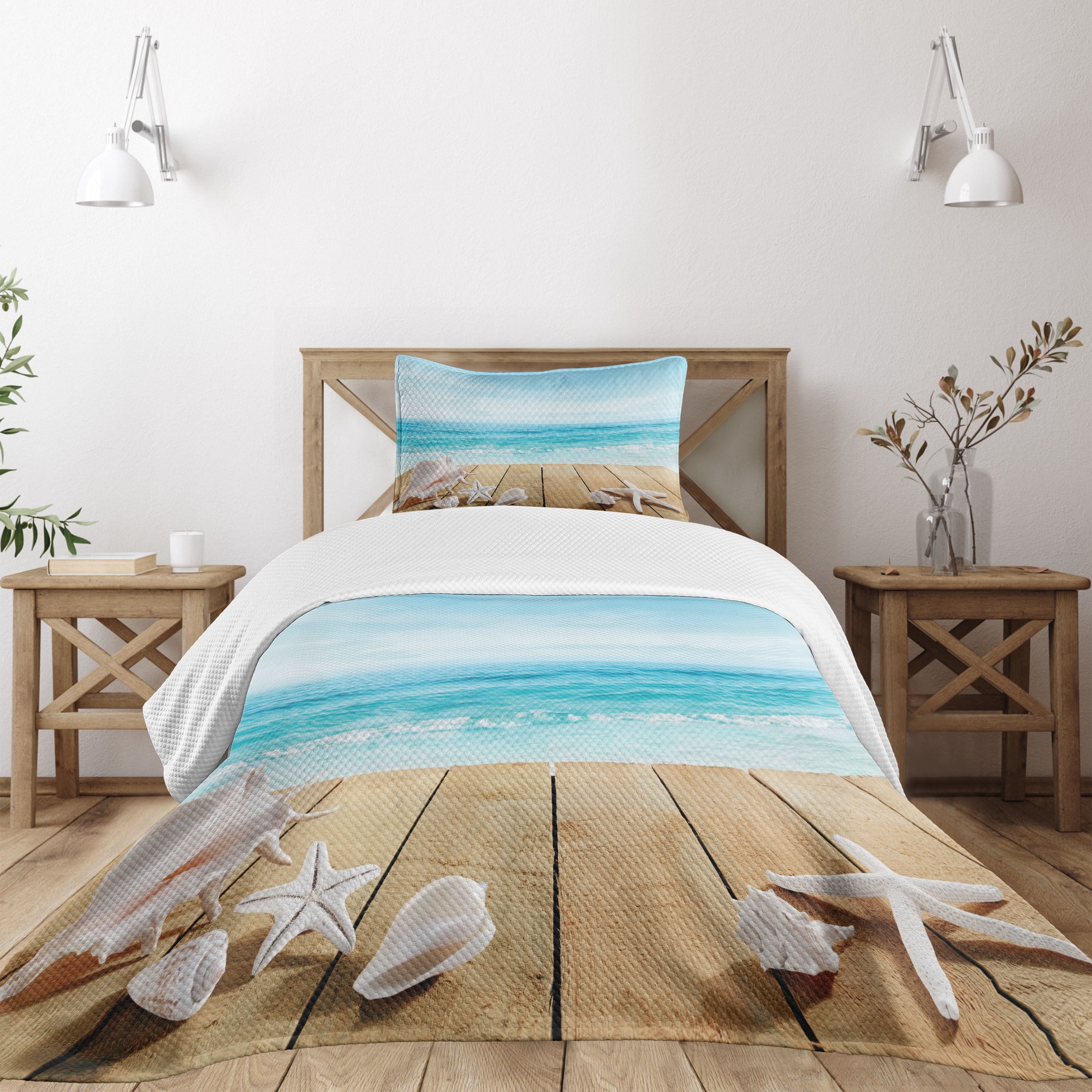 Twin Quilted Beach Scene Bedspread Set in Pale Brown and Blue