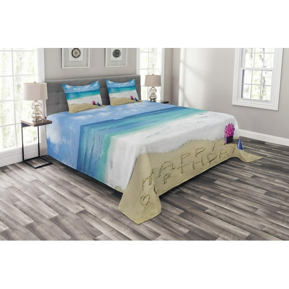 Ambesonne Beach Quilted Bedspread Set 3 Pcs, Happy Birthday on Sand, Queen Size, Blue Pale Brown Pink
