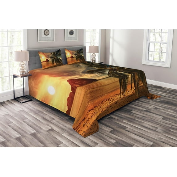 Ambesonne Beach Quilted Bedspread Set 3 Pcs, Havana Seashore Sunny, King Size, Dark Green Pale Brown
