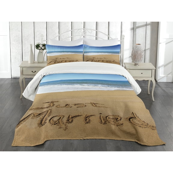 Ambesonne Beach Quilted Bedspread Set 3 Pcs, Just Married on Sand, Queen Size, Blue Brown White