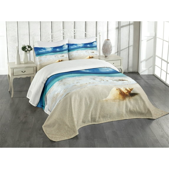 Ambesonne Beach Quilted Bedspread Set 3 Pcs, Nautical Sunny Coastline, King Size, Sand Brown Aqua Blue