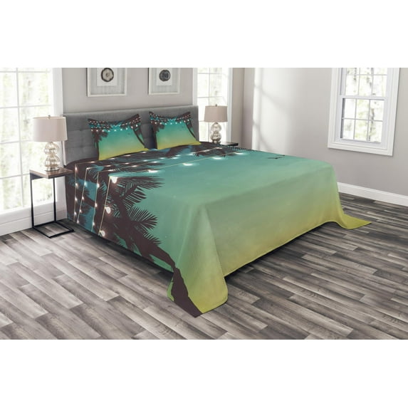 Ambesonne Beach Quilted Bedspread Set 3 Pcs, Night Time Sunset Palms, Queen Size, Multicolor