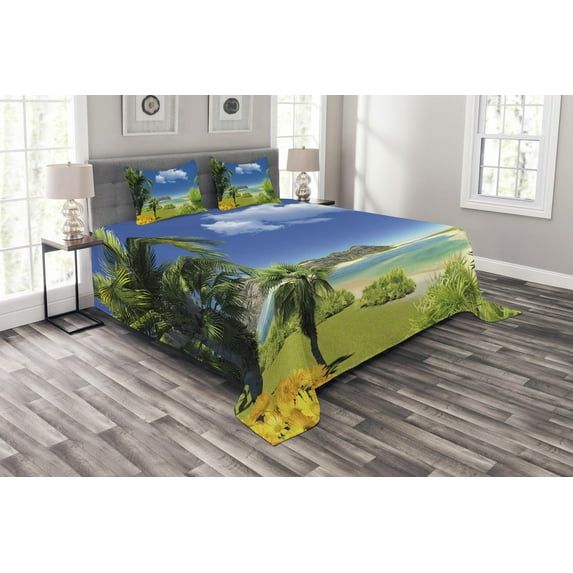 Ambesonne Beach Quilted Bedspread Set 3 Pcs, Paradise Palms Island, Queen Size, Multicolor