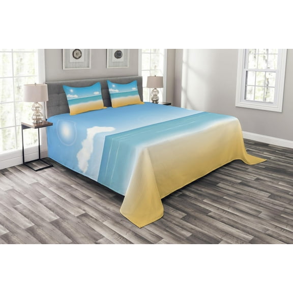 Ambesonne Beach Quilted Bedspread Set 3 Pcs, Relaxing Sunny Seaside, King Size, Sand Brown Sky Blue