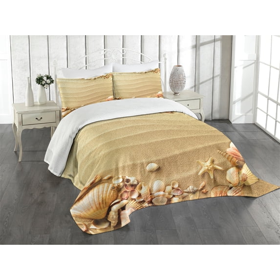 Ambesonne Beach Quilted Bedspread Set 3 Pcs, Sand with Sea Shells, Queen Size, Sand Brown Coral