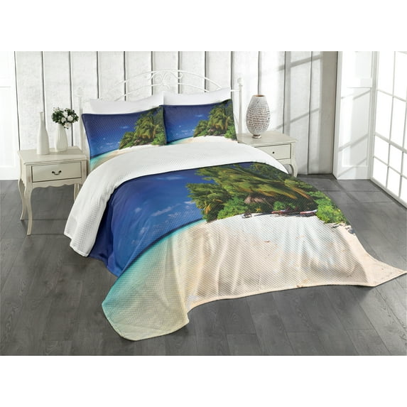 Ambesonne Beach Quilted Bedspread Set 3 Pcs, Sandy Coastline Surreal, King Size, Lime Green Blue Cream