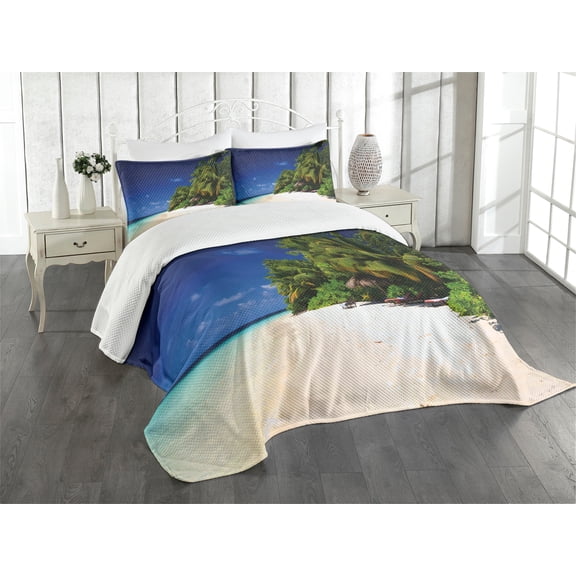 Ambesonne Beach Quilted Bedspread Set 3 Pcs, Sandy Coastline Surreal, Queen Size, Lime Green Blue Cream