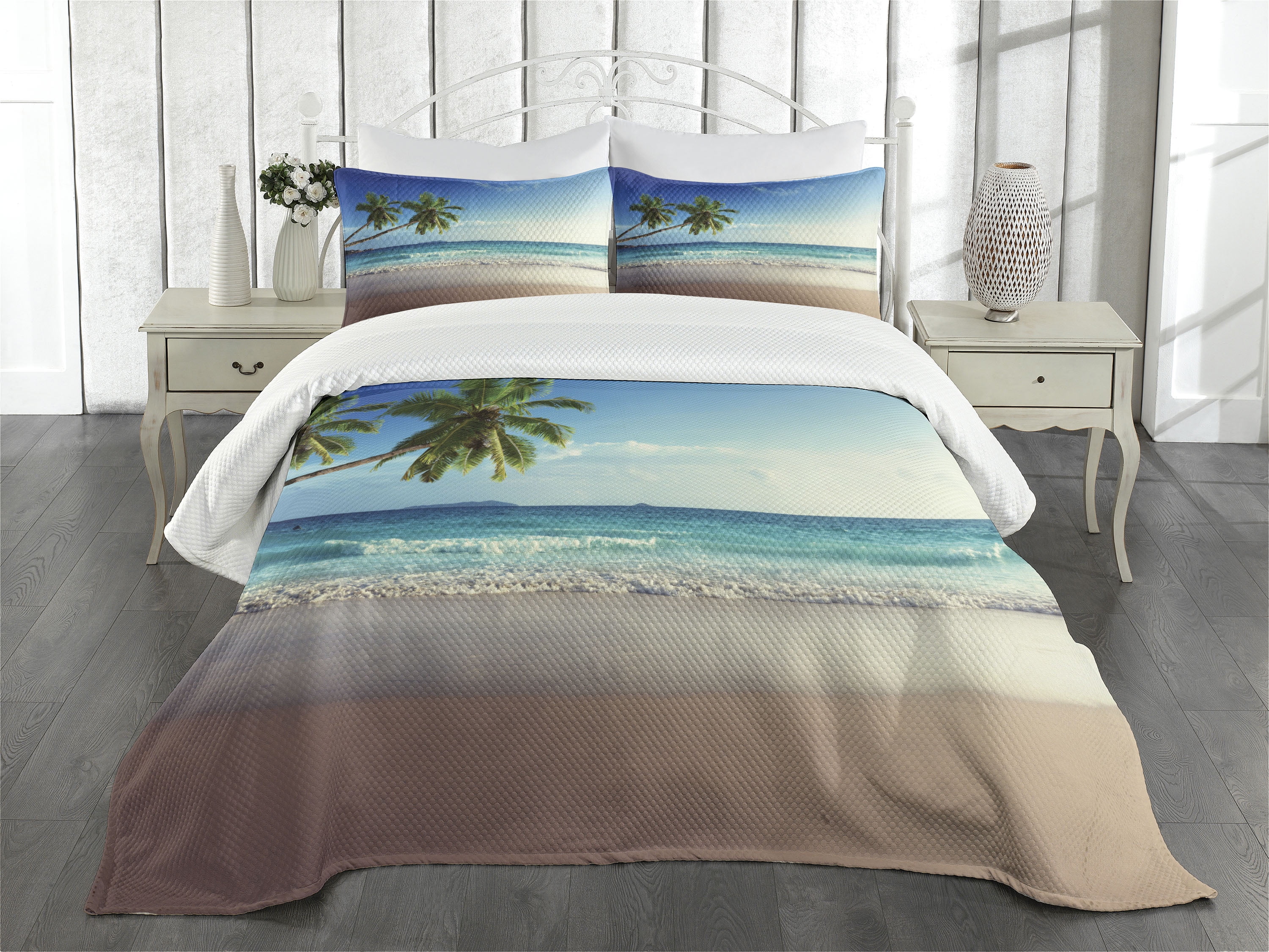 Queen White Polyester Beach Scene Bedspread Set