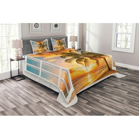 Ambesonne Beach Quilted Bedspread Set 3 Pcs, Sea Ocean Palms Scenery, Queen Size, Multicolor