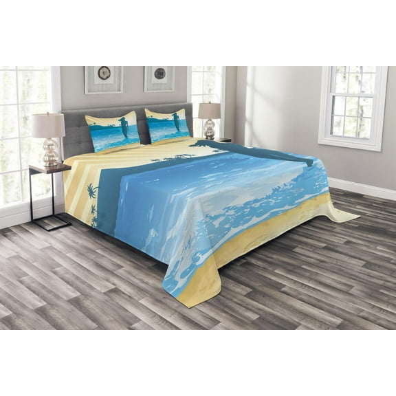 Ambesonne Beach Quilted Bedspread Set 3 Pcs, Sea Shore Ocean Summer, King Size, Slate Blue Sky Blue