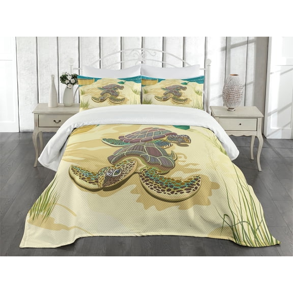 Ambesonne Beach Quilted Bedspread Set 3 Pcs, Sea Turtles Sand Boat, King Size, Pale Yellow Green Teal