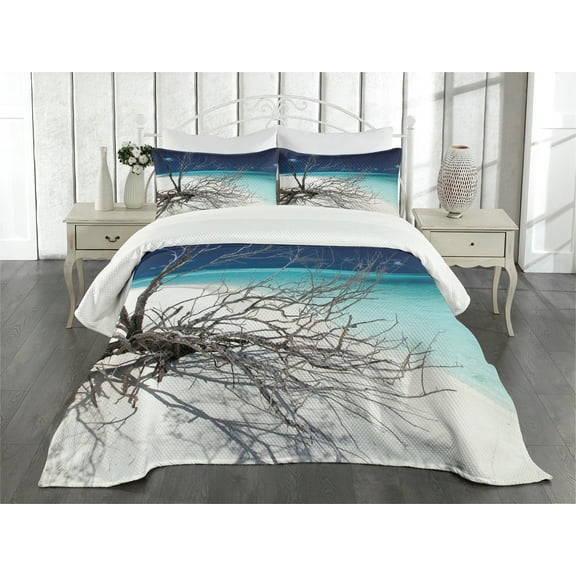 Ambesonne Beach Quilted Bedspread Set 3 Pcs, Seascape Theme Driftwood, Queen Size, Turquoise and Blue
