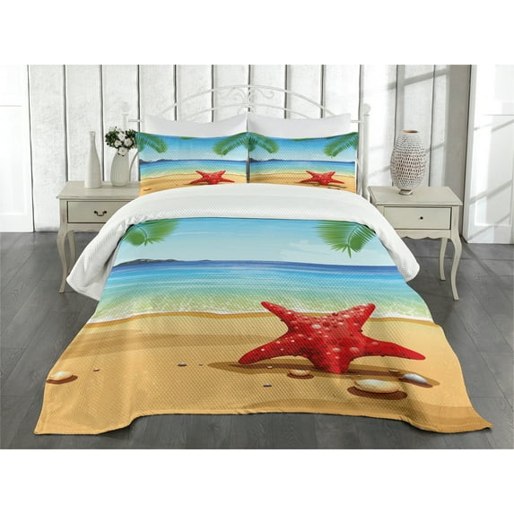Ambesonne Beach Quilted Bedspread Set 3 Pcs, Starfish Ornate Design, King Size, Multicolor