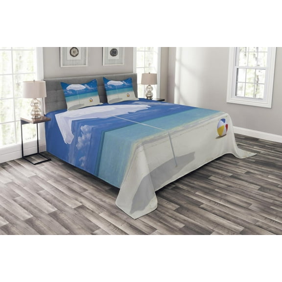 Ambesonne Beach Quilted Bedspread Set 3 Pcs, Summer Season Vibes Sea, Queen Size, White Cream Blue