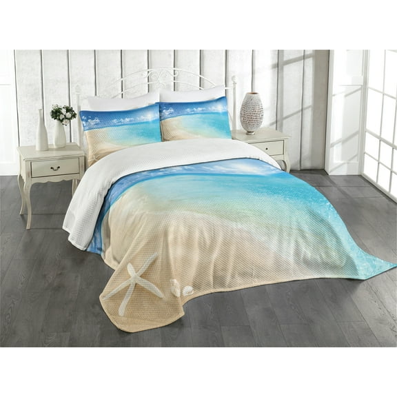Ambesonne Beach Quilted Bedspread Set 3 Pcs, Sunny Seashore and Shells, Queen Size, Aqua Cream Blue