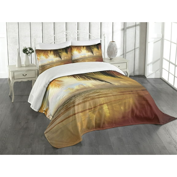 Ambesonne Beach Quilted Bedspread Set 3 Pcs, Sunset Caribbean Palms, Queen Size, Dark Orange Pale Blue
