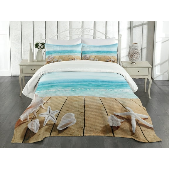 Ambesonne Beach Quilted Bedspread Set 3 Pcs, Sunshine Maldives Deck, Queen Size, Pale Brown Beige