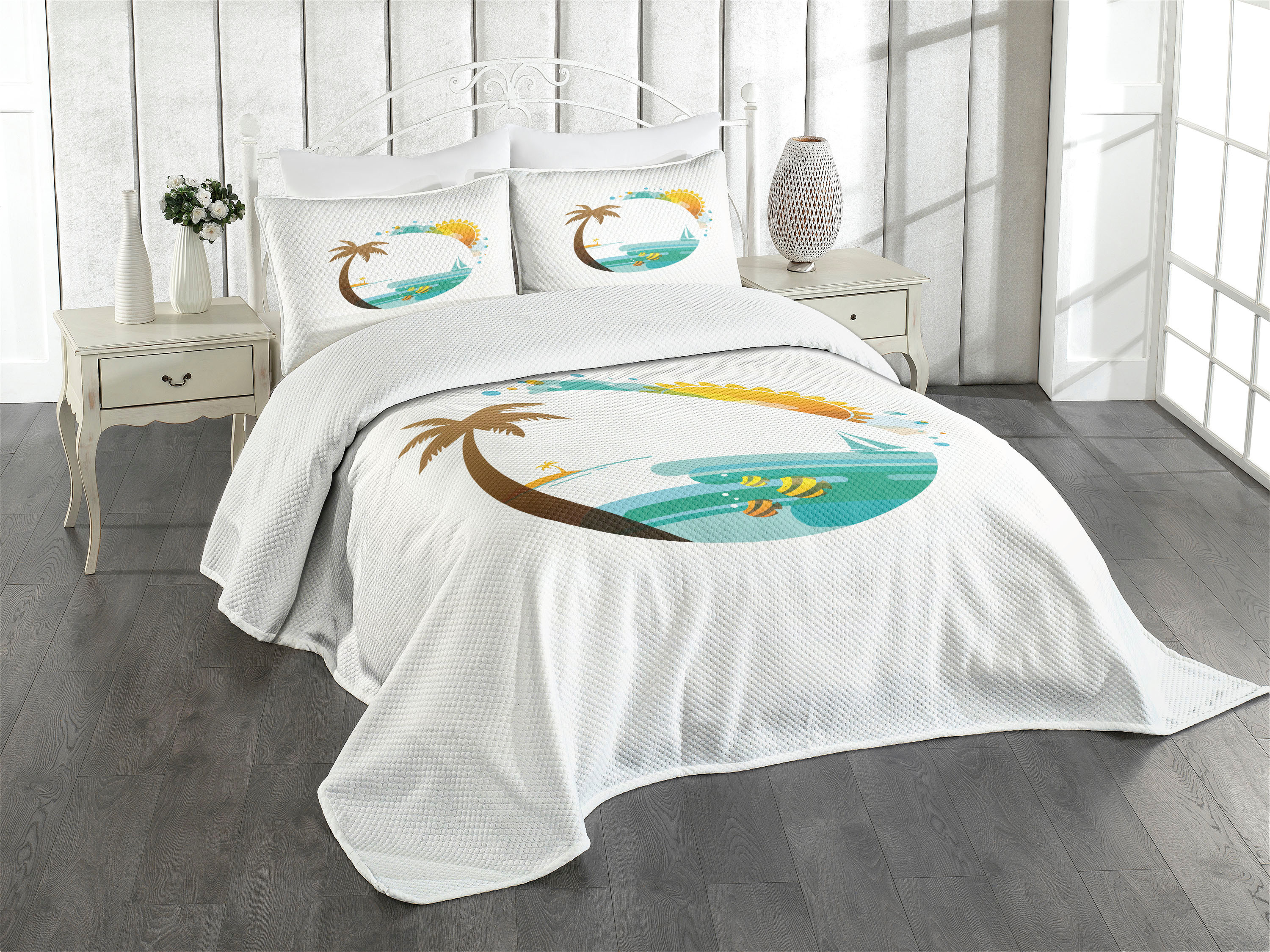 White Quilted Queen Bedspread Set with Pillow Shams