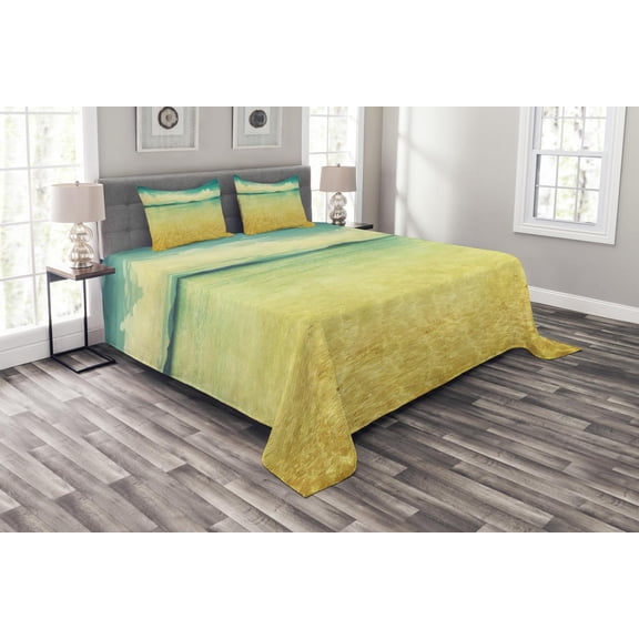 Ambesonne Beach Quilted Bedspread Set 3 Pcs, Vintage Grunge Sea View, King Size, Earth Yellow Turquoise