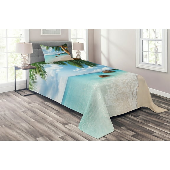 Ambesonne Beach Quilted Coverlet 2 Pcs, Exotic Palm Tree Ocean, Twin Size, Multicolor