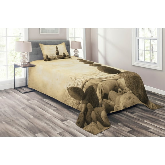 Ambesonne Beach Quilted Coverlet 2 Pcs, Rocks Calm Sepia Art, Twin Size, Beige Brown