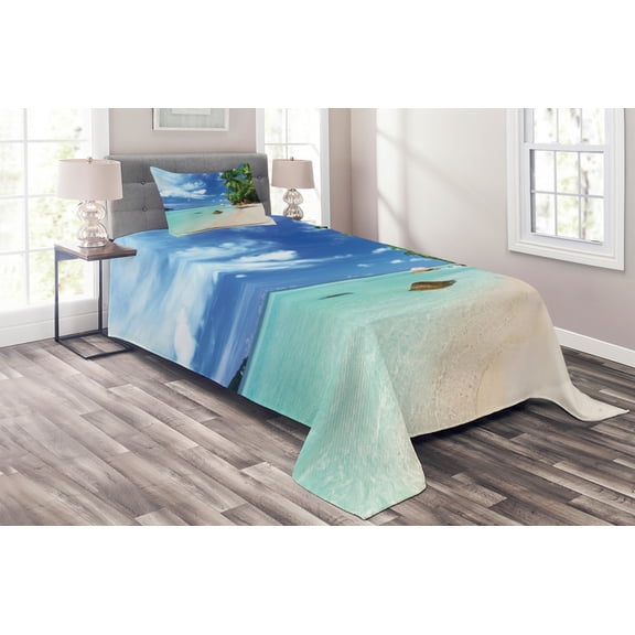 Ambesonne Beach Quilted Coverlet 2 Pcs, Seascape Nature Jungle, Twin Size, Mint Green Green Blue