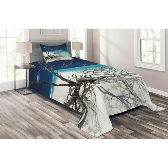 Ambesonne Beach Quilted Coverlet 2 Pcs, Seascape Theme Driftwood, Twin Size, Turquoise and Blue