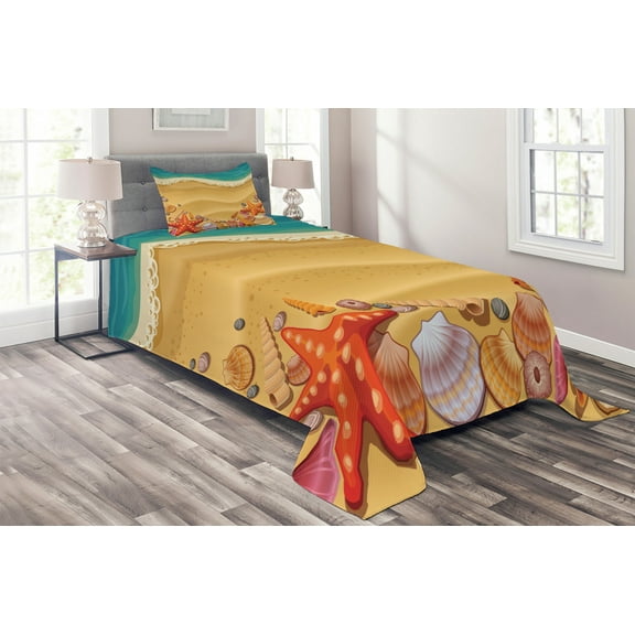 Ambesonne Beach Quilted Coverlet 2 Pcs, Seashell on Shore Cartoon, Twin Size, Sand Brown Orange Teal