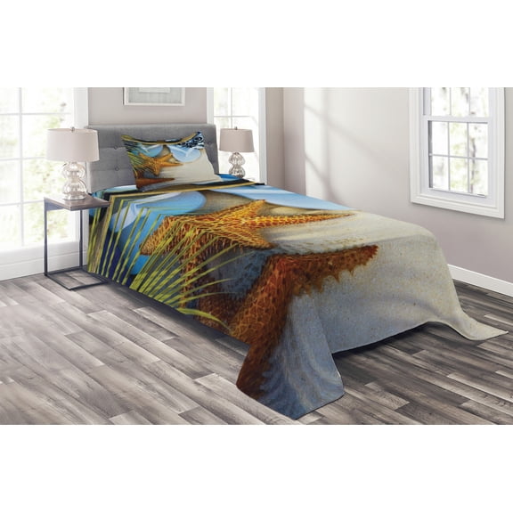 Ambesonne Beach Quilted Coverlet 2 Pcs, Tropical Beach Seashell, Twin Size, Multicolor