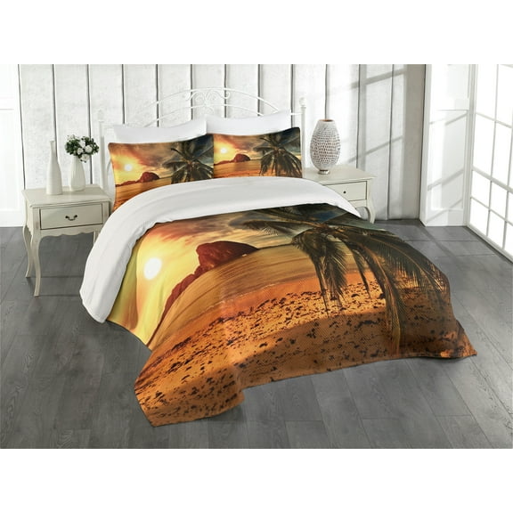 Ambesonne Beach Quilted Coverlet 3 Pcs, Havana Seashore Sunny, Queen Size, Dark Green Pale Brown