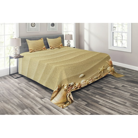Ambesonne Beach Quilted Coverlet 3 Pcs, Sand with Sea Shells, King Size, Sand Brown Coral