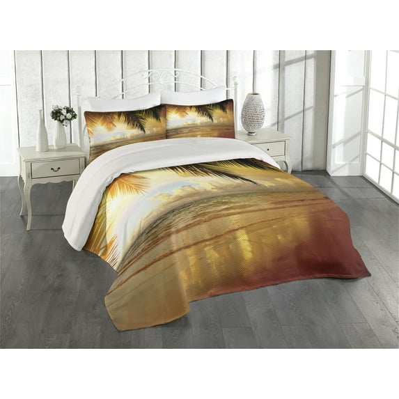 Ambesonne Beach Quilted Coverlet 3 Pcs, Sunset Caribbean Palms, Queen Size, Dark Orange Pale Blue