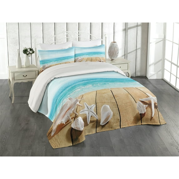 Ambesonne Beach Quilted Coverlet 3 Pcs, Sunshine Maldives Deck, Queen Size, Pale Brown Beige