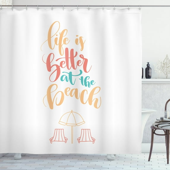 Ambesonne Beach Saying Shower Curtain, Sunbeds and Umbrella, 69"Wx84"L, Pale Orange Coral