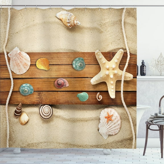 Ambesonne Beach Shower Curtain, Rustic Board Seashells, 69"Wx70"L, Multicolor