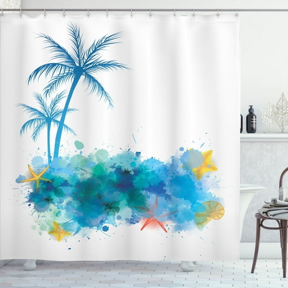 Ambesonne Beach Shower Curtain, Seashells Blue Palm Art, 69"Wx75"L, Blue White
