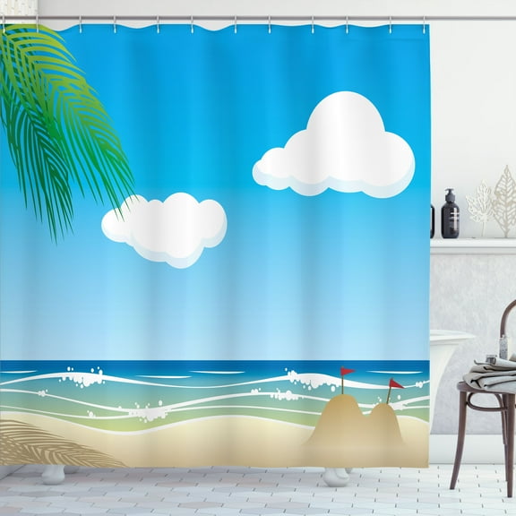 Ambesonne Beach Shower Curtain, Seaside Sandcastles Flags, 69"Wx70"L, Deep Sky Blue and Tan