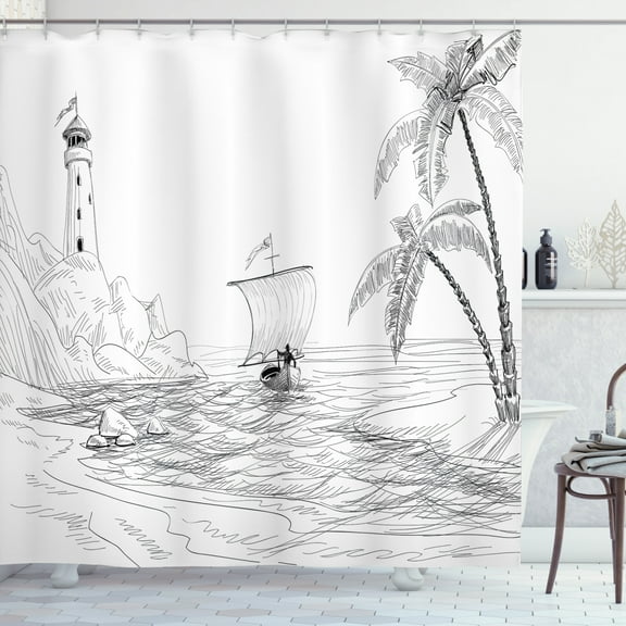 Ambesonne Beach Shower Curtain, Sketch with Boat Palms, 69"Wx70"L, Black and White