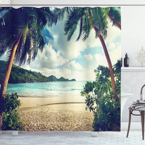 Ambesonne Beach Shower Curtain, Summer Vintage Tropical, 69"Wx84"L, Dark Green Sand Brown