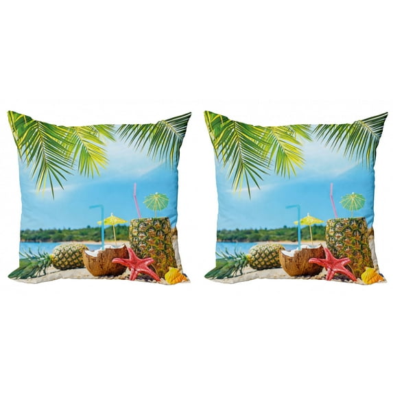 Ambesonne Beach Throw Pillow Cover 2 Pack, Coconut Pineapple Summer, 16", Blue Green Brown