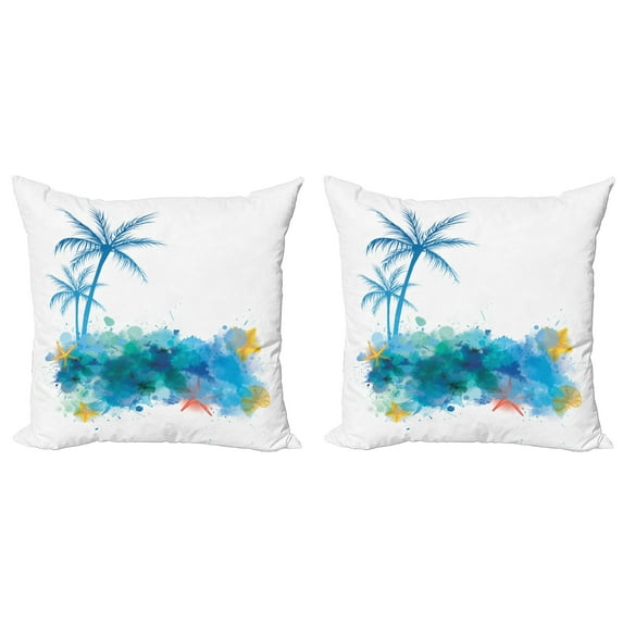 Ambesonne Beach Throw Pillow Cover 2 Pack, Seashells Blue Palm Art, 16", Blue White