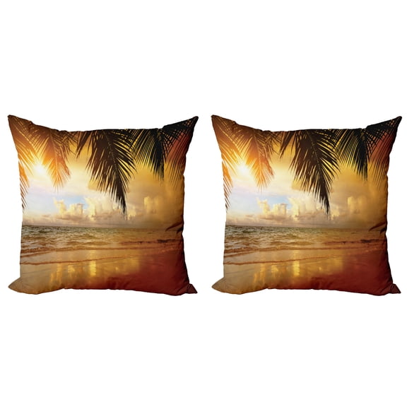 Ambesonne Beach Throw Pillow Cover 2 Pack, Sunset Caribbean Palms, 20", Dark Orange Pale Blue