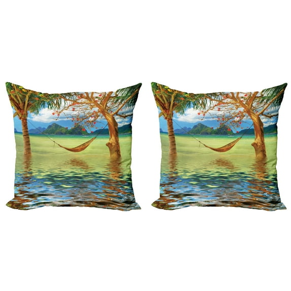 Ambesonne Beach Throw Pillow Cover 2 Pack, Trees in Tropical Land, 16", Multicolor